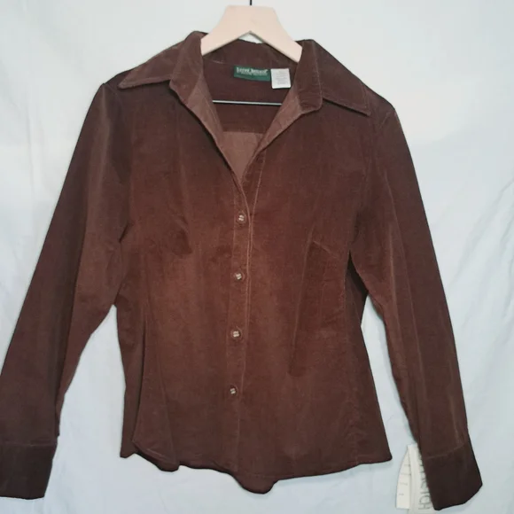NWT women's fitted chocolate-brown corduroy button-up shirt, Harvé Benard. - Picture 3 of 11